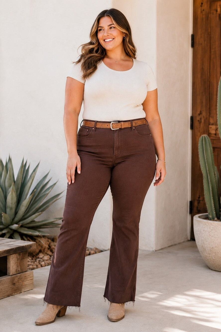 Judy Chocolate Brown Wide Leg High Rise Raw Hem Denim Jeans 22w Style Jb88803